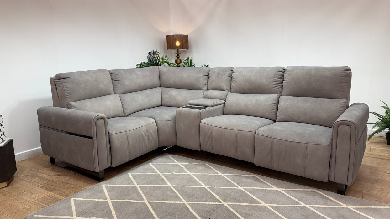 Sofology Ravello Fabric 1 Console Corner 2 Power Recliner/Headrest Lumbar Support in Lifestyle Flecked Stone