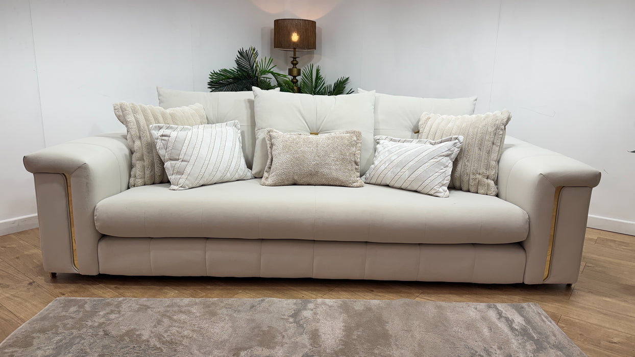 Sofology Oscar Fabric 4 Seater Gold Trim in Super Matt Velvet Ecru Mix