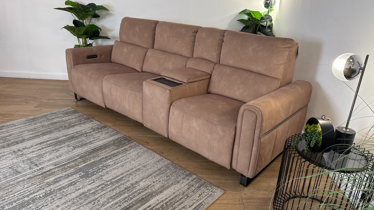 Sofology The Ravello Fabric 3 Seater Console Power Recliner/Headrest Heated Seat Lumbar in Lifestyle Flecked Sand