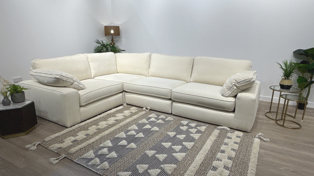 Sofology Atelier Fabric 1 Corner 3 Full Back in Soft Chenille Ivory Mix With Black Contrast Piping