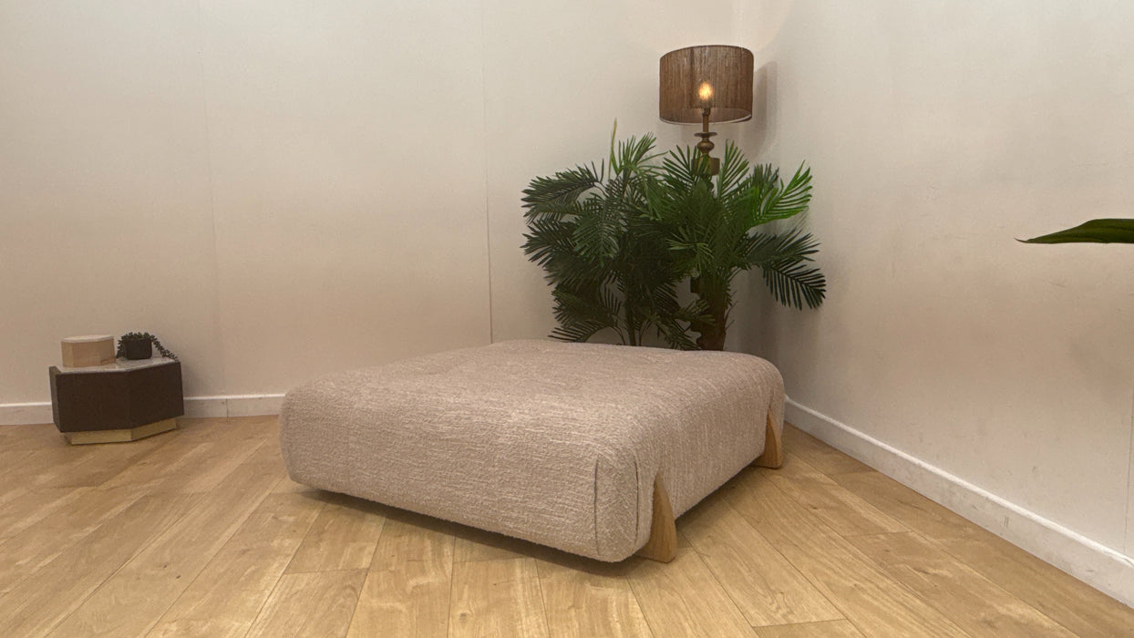 Sofology Marble Arch Fabric Designer Footstool with Light Wood Trim in Chunky Flecked Boucle Stone