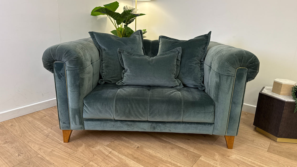 Sofology Midsummer Fabric Loveseat Gold Trim in Day Teal Mix