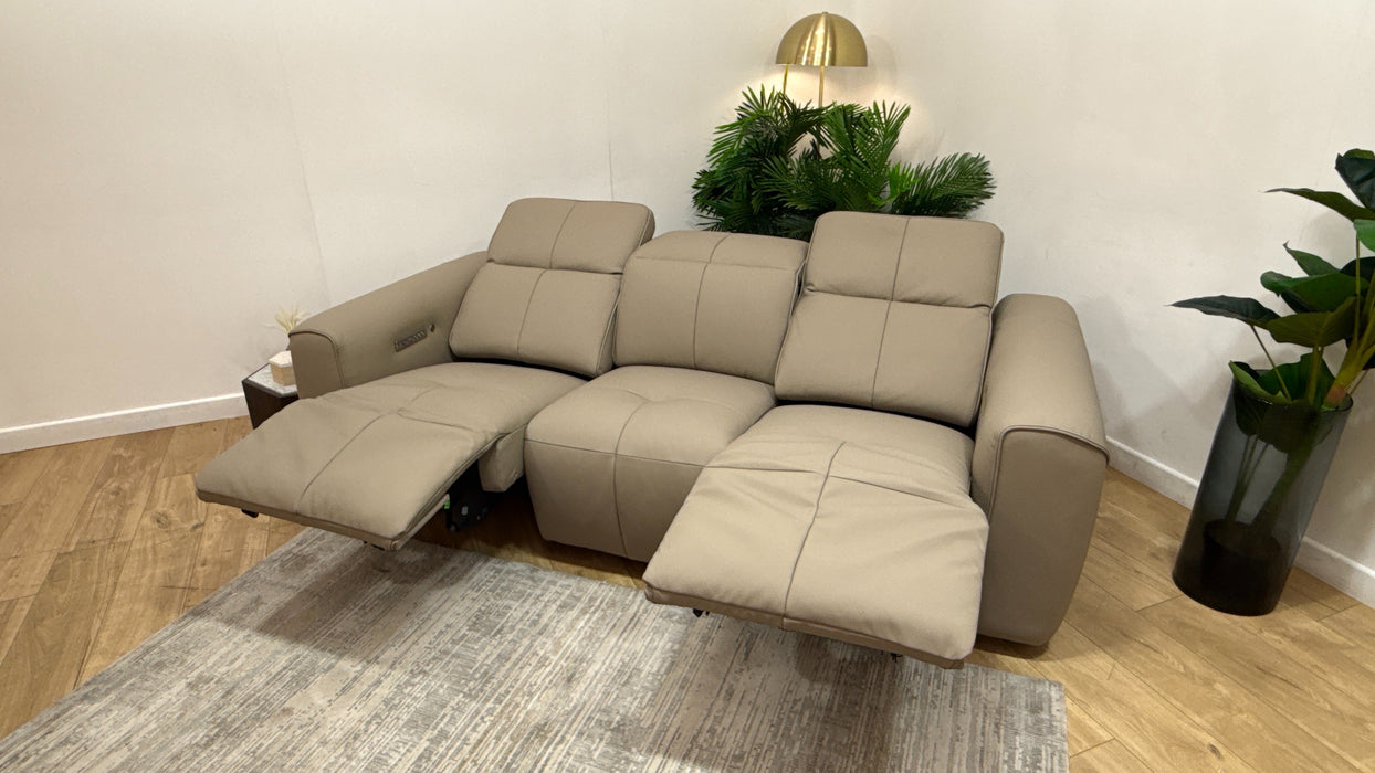 Sofology Riviera 3 Seater Leather Power Recliner, Power Hdrst + Heated Seats in Super Matt Putty