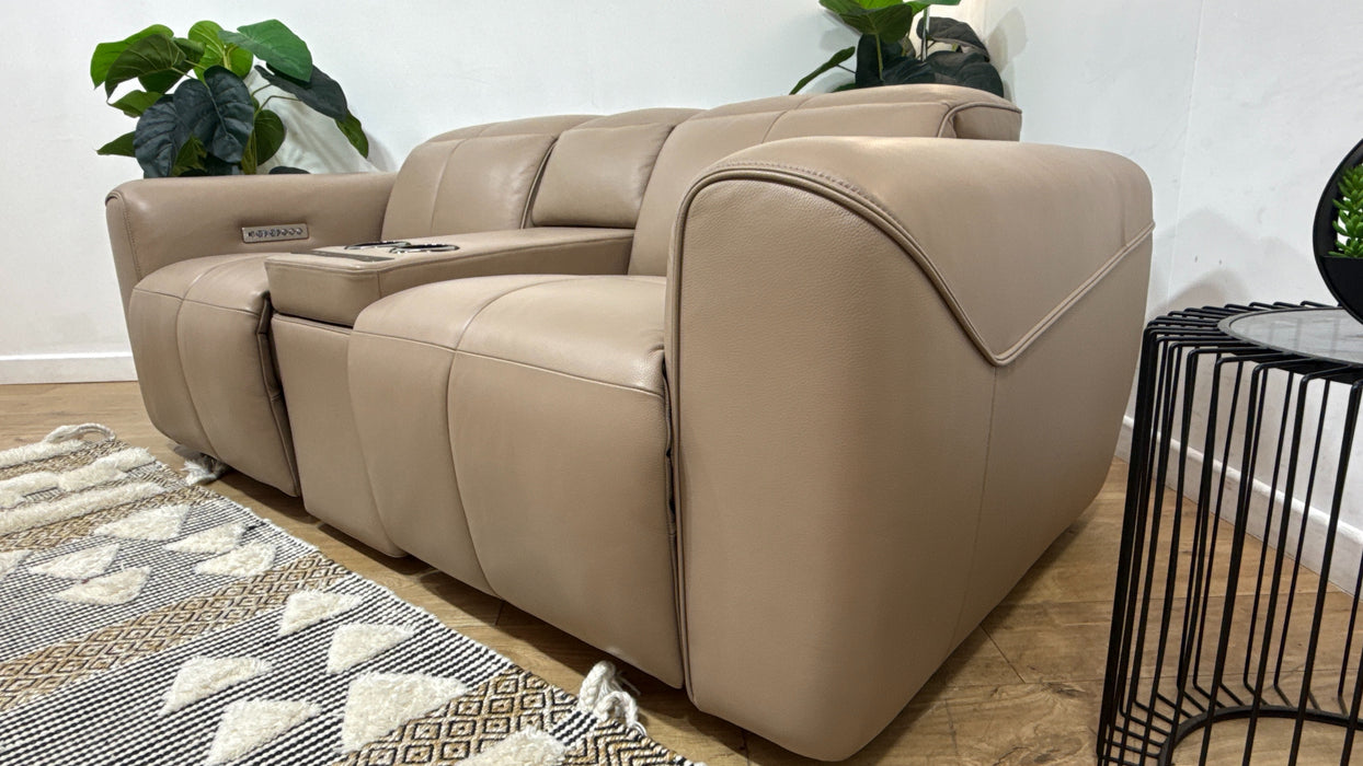 Sofology Riviera Leather 2 Seater Console Power Recliner/Headrest in Trusty Embossed Mushroom