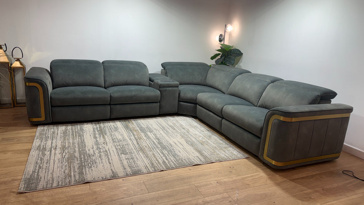 Sofology Plaza Fabric 3 Corner Smart Console 3 Power Recliner/Headrest Heated Seat in Lifestyle Flecked Mineral Green