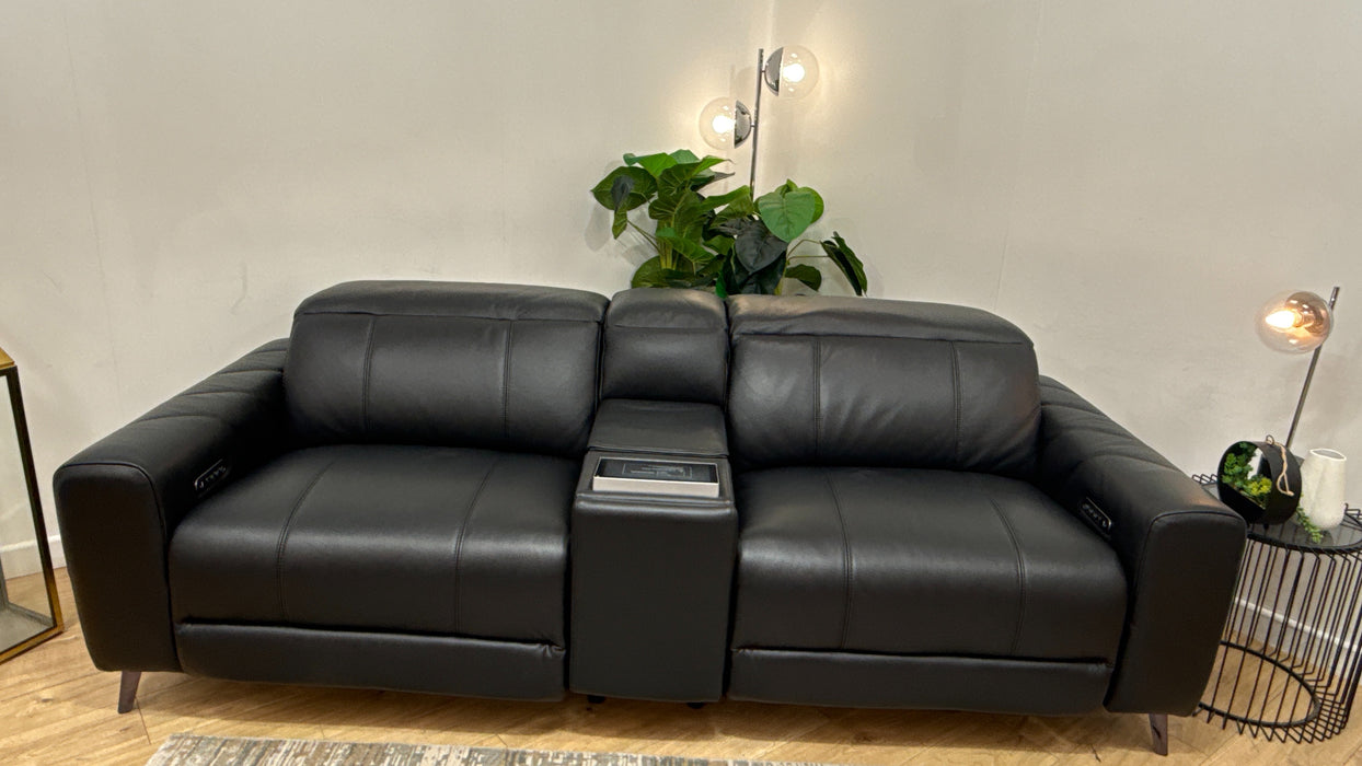 Sofology Allure Leather 2.5 Seater Screen Console Power Recliner/Headrest Heated Seats Lumbar Speakers in Trusty Embossed Jet Black