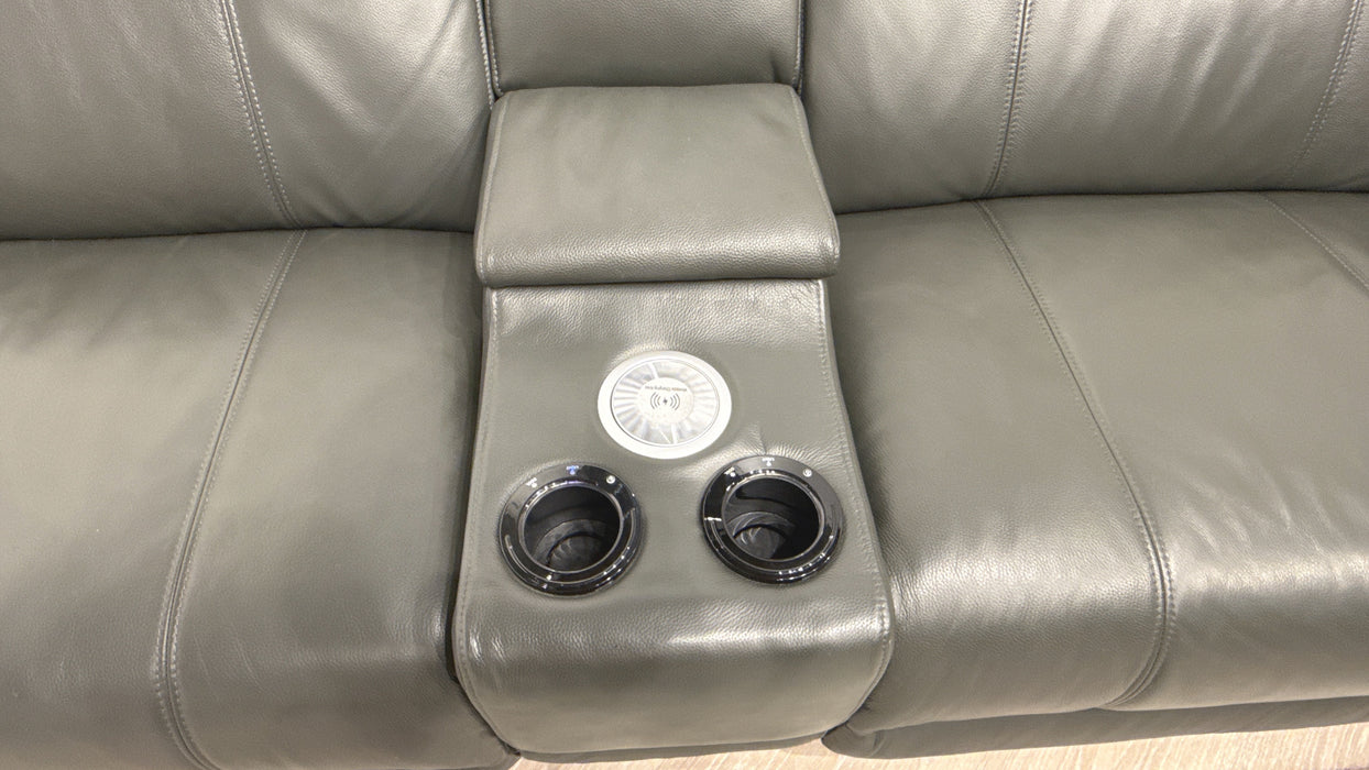 Sofology Allure Leather 2.5 Smart Console Power Recliner/Headrest Heated Seats Lumbar Support Speakers in Trusty Embossed Charcoal