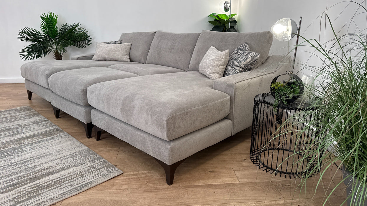 Sofology Wildwood Fabric 4 Seater Double Chaise with Footstool in Soft Sherpa Silver Contrast Piping