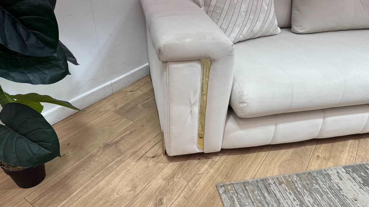 Sofology Oscar Fabric 4 Seater Gold Trim in Super Matt Velvet Ecru Mix