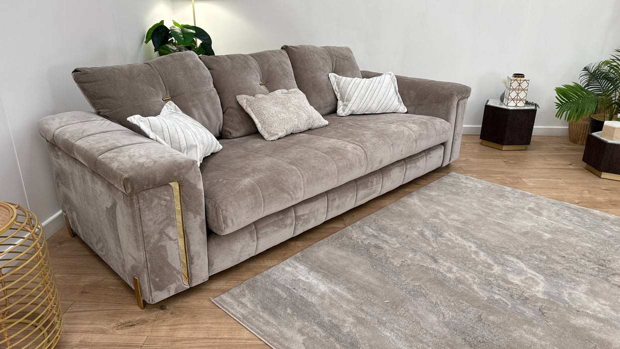 Sofology The Oscar Fabric 4 Seater Gold Trim in Fine Textured Chenille Stone