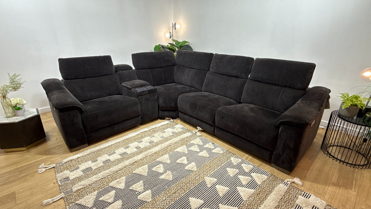 Sofology Carrera Fabric 1.5 Smart Console Corner 3 Power Recliner/Headrest in Relaxed Chenille Raisin
