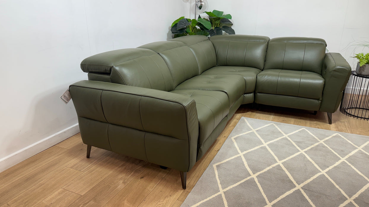 Sofology Jax Leather 3 Corner 1.5 Power Recliner/Headrest Heated Seats Lumbar Support in Trusty Embossed Dark Olive