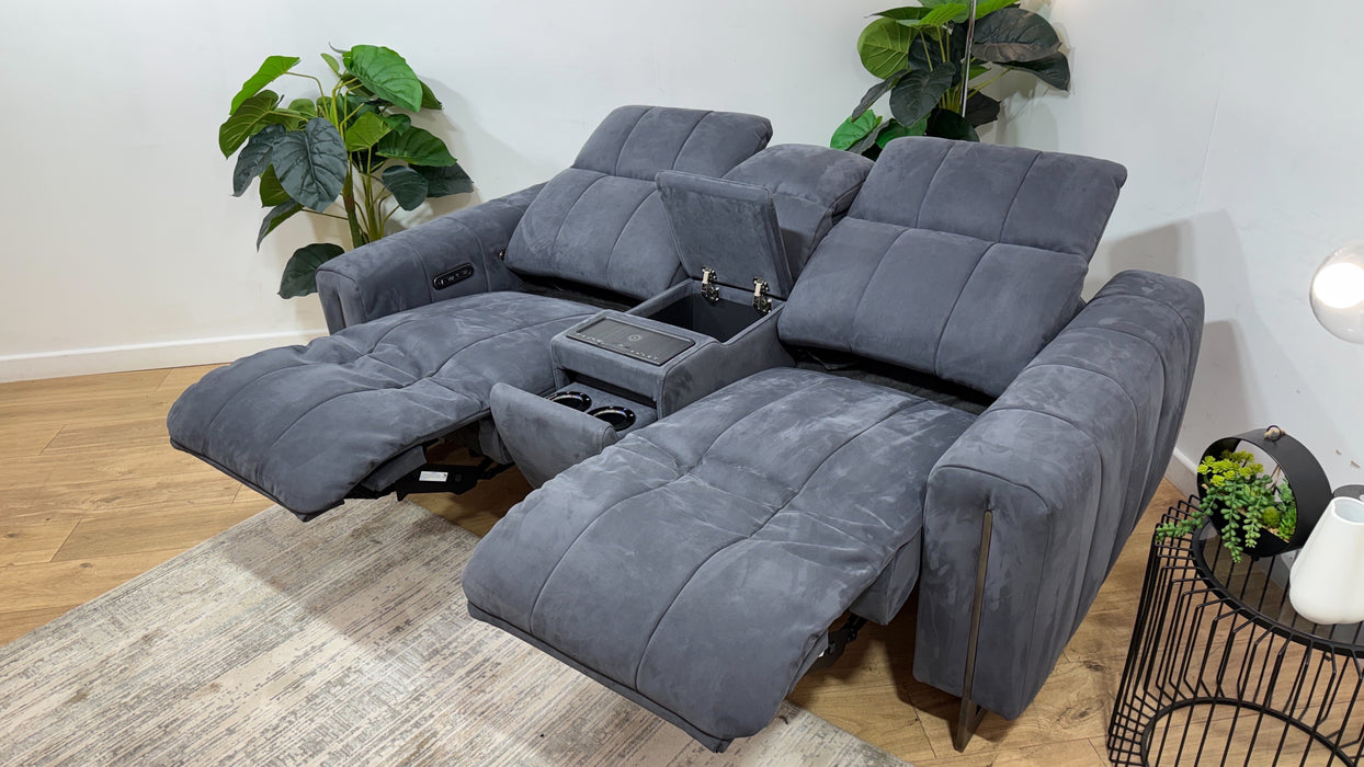 Sofology Paramount Fabric 2 Seater Console Power Recliner/Headrest Heated Seat Speakers in Lifestyle Nubuck Feel Charcoal
