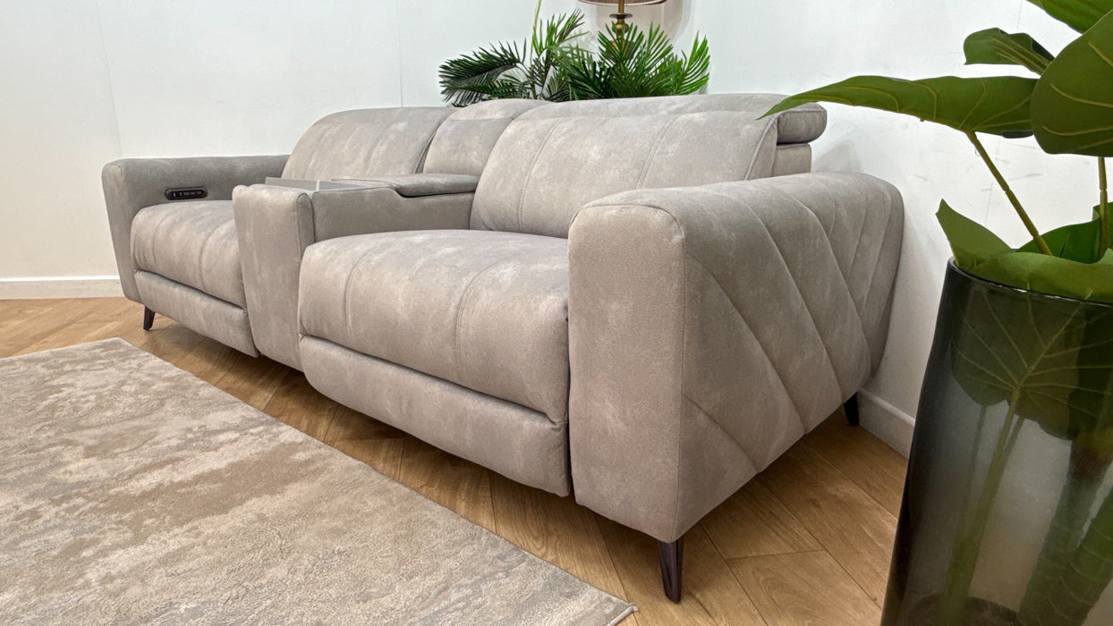Sofology Allure Fabric 2.5 Seater Screen Console Power Recliner/Headrest Heated Seats Lumbar Support Speakers in Lifestyle Flecked Stone