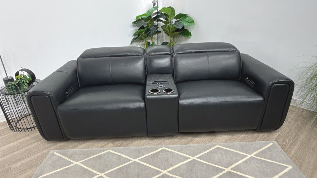 Sofology Premiere Leather 2.5 Seater Smart Console Power Recliner/Headrest Heated Seats in Trusty Embossed Jet Black