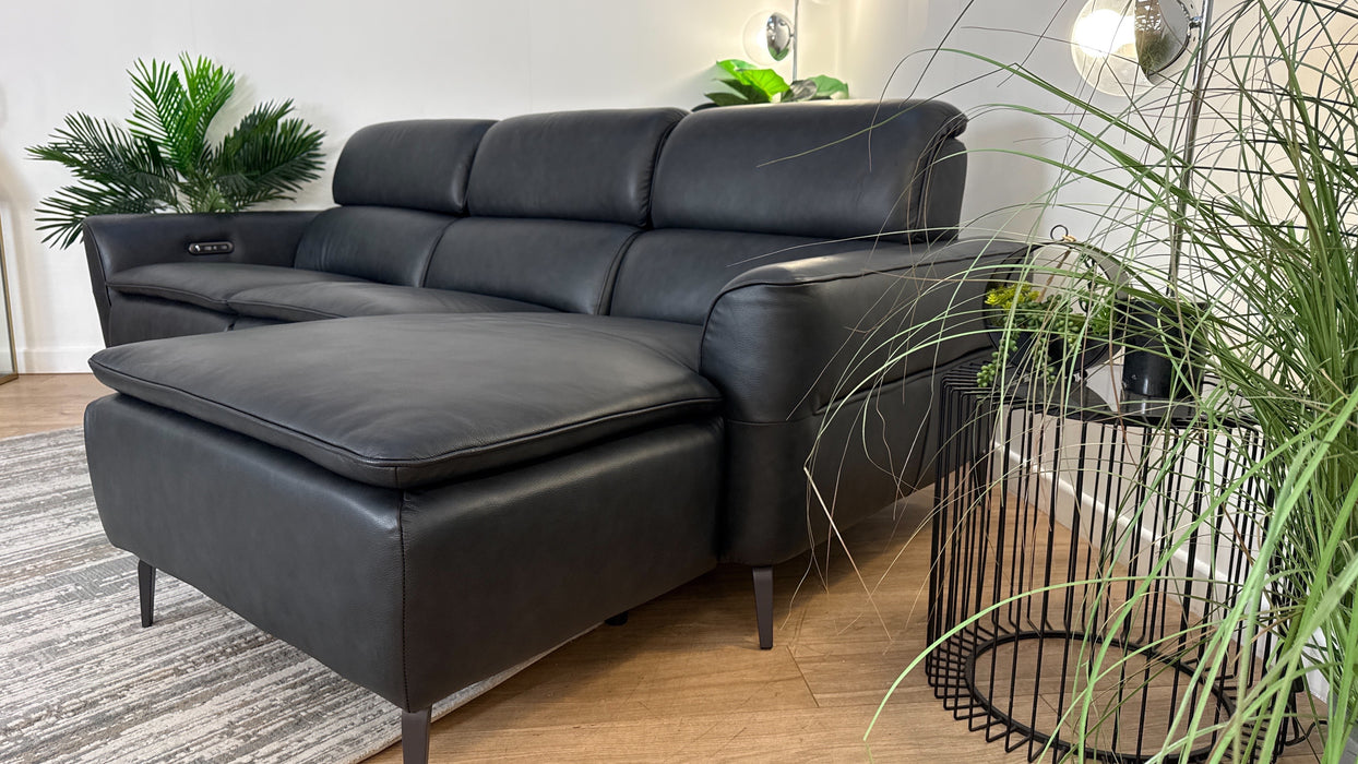 Sofology The Viento Leather 3 Seater Chaise Power Recliner/Headrest Lumbar in Trusty Embossed Leather Navy