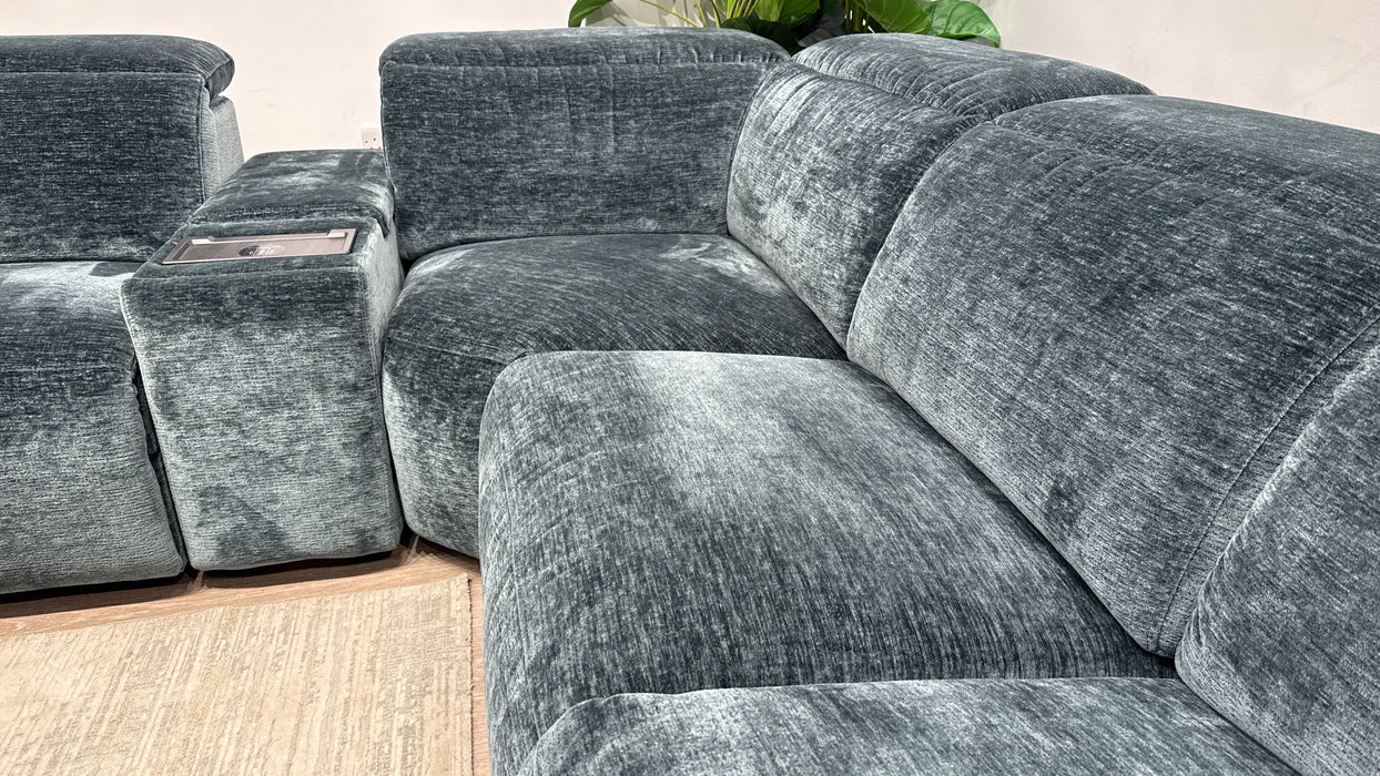 Sofology Drift Fabric Chaise 3 Console Corner 3 Power Recliner/Headrest in Luxury Textured Chenille Lagoon