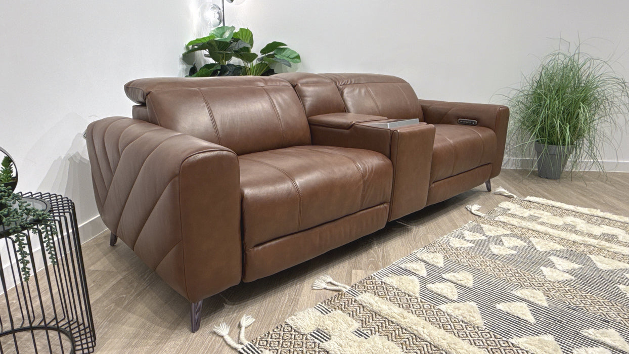 Sofology Allure Leather 2.5 Seater Screen Console Power Recliner/Headrest Heated Seats Lumbar Support Speakers in Trusty Embossed Chestnut
