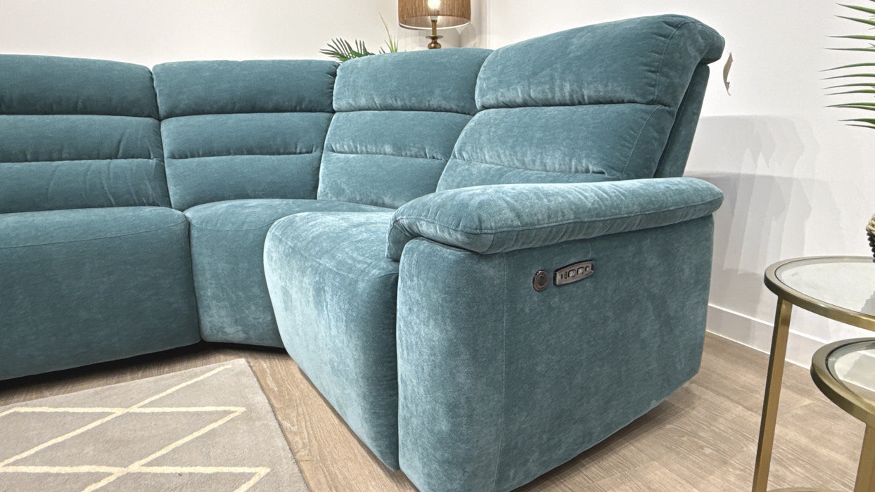 Sofology Radleigh Fabric 3 Corner 1.5 Power Recliner/Headrest Speakers in Peacock