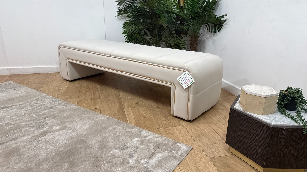 Sofology Oscar Fabric Large Bench Footstool Gold Trim in Super Matt Velvet Ecru