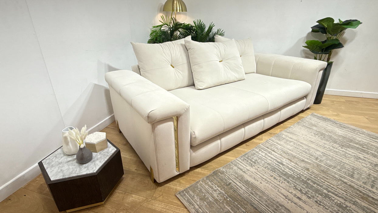 Sofology Oscar Fabric 3 Seater Gold Trim in Super Matt Velvet Ecru Mix
