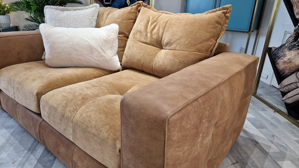 Artisan 2 Seater Fabric Sofa Character Leather Tan/Aston Chenille Almond