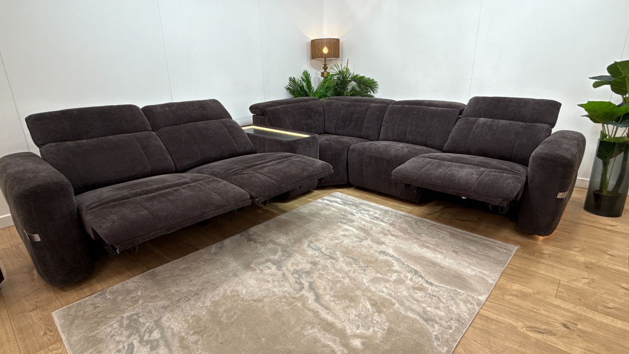 Sofology Lumiere Fabric 3 Console Corner 3 Triple Power Recliner/Headrest in Relaxed Chenille Raisin