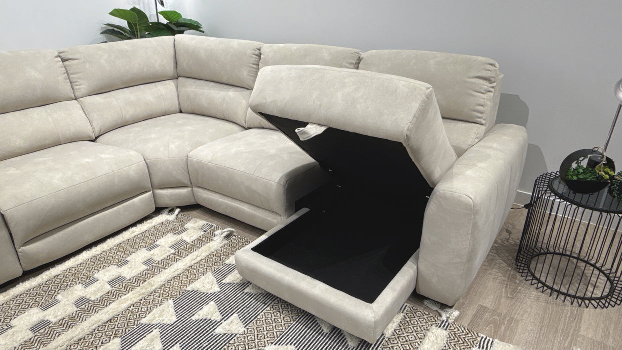 Sofology Portofino Fabric 1.5 Corner 3 Chaise Power Recliner/Headrest Chaise Storage in Lifestyle Flecked Ivory