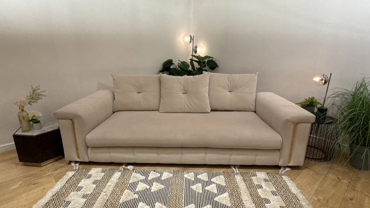 Sofology Oscar Fabric 4 Seater Gold Trim in Super Matt Velvet Ecru Mix