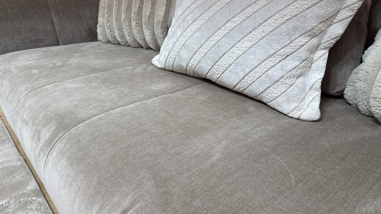 Sofology Oscar Fabric 2 Seater Gold Trim in Fine Textured Chenille Stone Mix