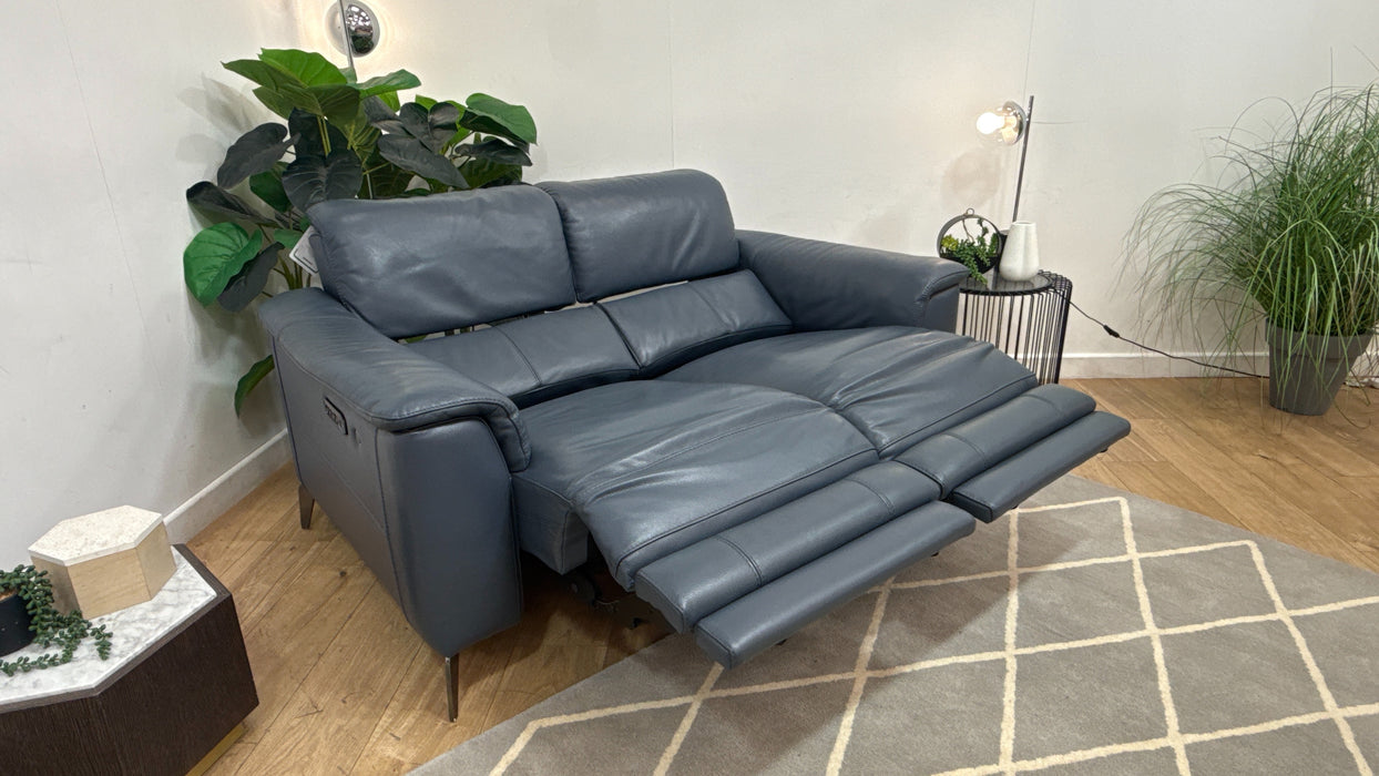 Sofology Illinois Leather 2 Seater Power Recliner/Headrest Heated Seats in Trusty Soft Sheen Smoke Blue