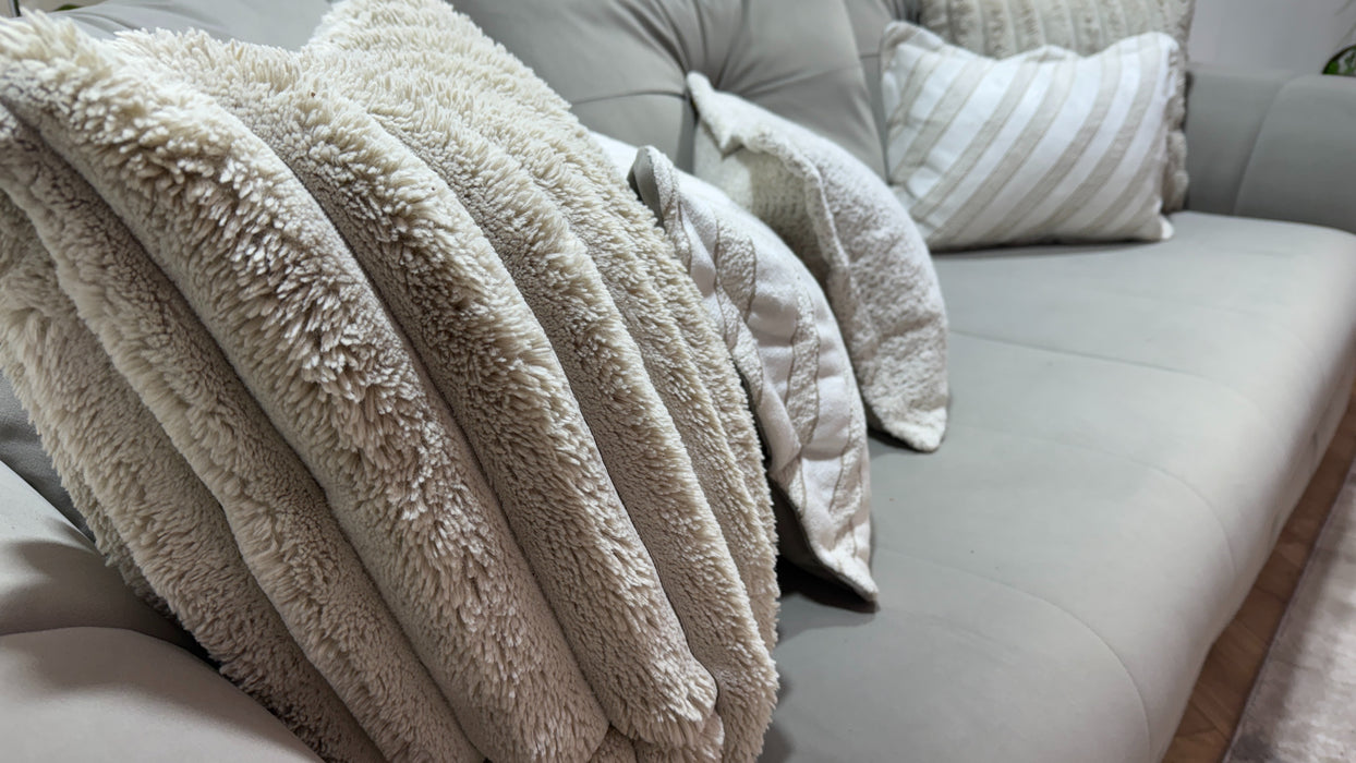 Sofology Oscar Fabric 4 Seater Gold Trim in Super Matt Velvet Pebble Mix