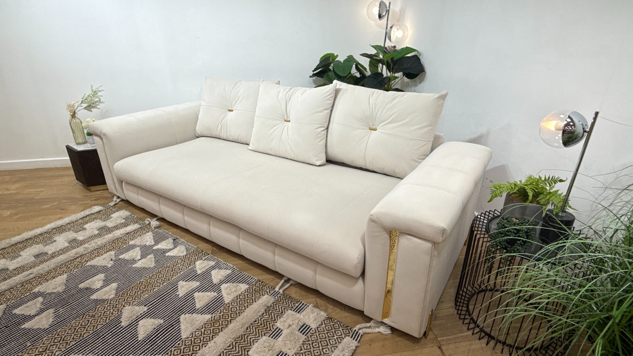 Sofology Oscar Fabric 4 Seater Gold Trim in Super Matt Velvet Ecru Mix