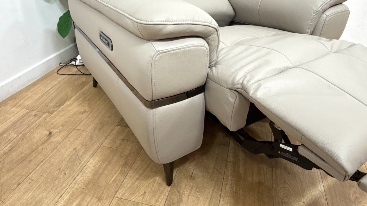 Sofology Milan Leather Chair Power Recliner/Headrests Lumbar Support in Trusty Embossed Light Grey
