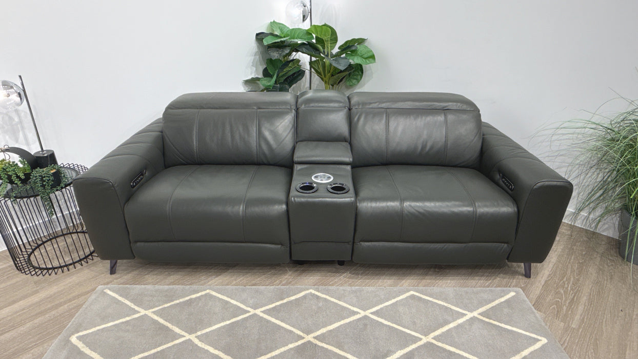 Sofology Allure Leather 2.5 Smart Console Power Recliner/Headrest Heated Seats Lumbar Support Speakers in Trusty Embossed Charcoal