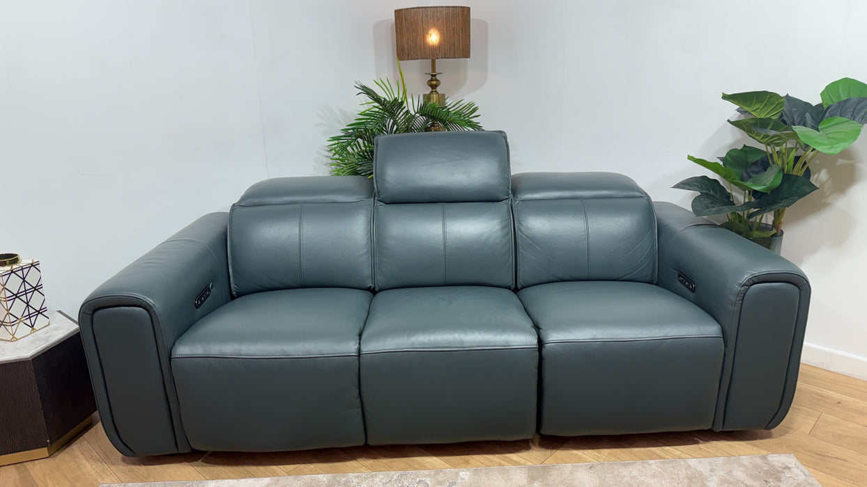 Sofology Premiere Leather 3 Seater Power Recliner/Headrest in Trusty Embossed Peacock