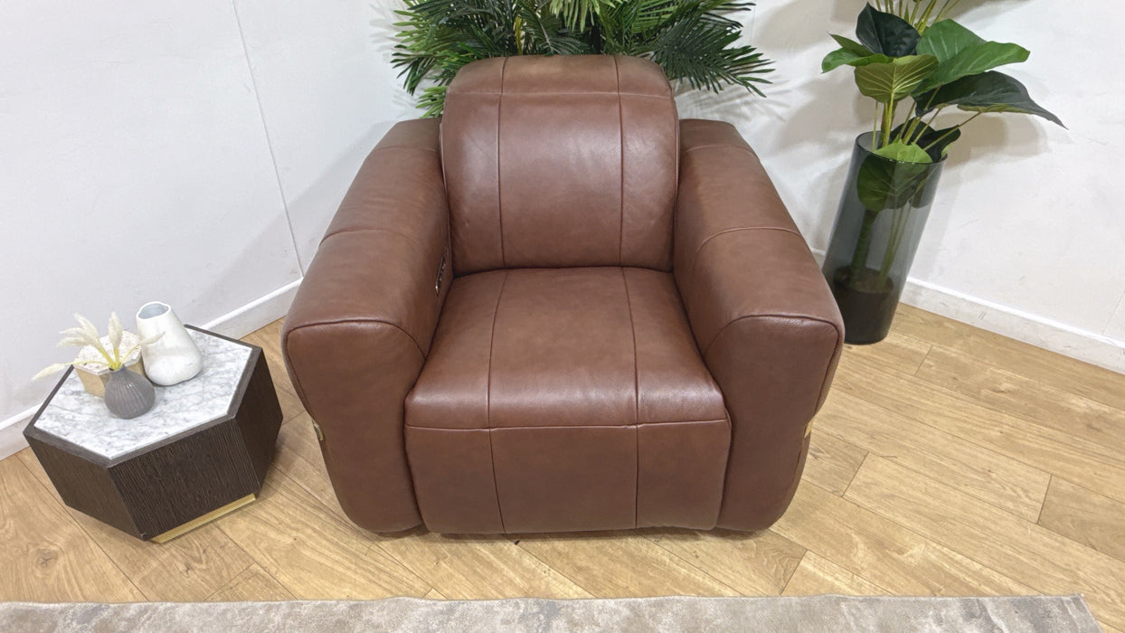 Sofology Lumiere Leather Chair Power Recliner/Headrest in Trusty Embossed Chestnut