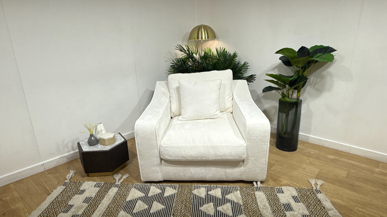 Sofology Bellagio Accent Chair Reversible Feather Flex Seat in Chunky Luxe Chenille Snow