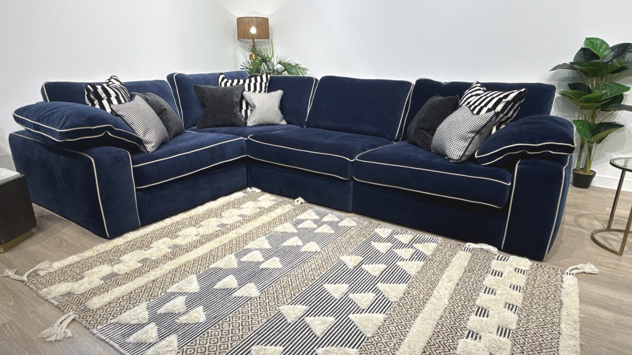 Sofology Atelier Fabric 3 Corner 1 Full Back in Soft Chenille Navy Mix With Pearl Contrast Piping