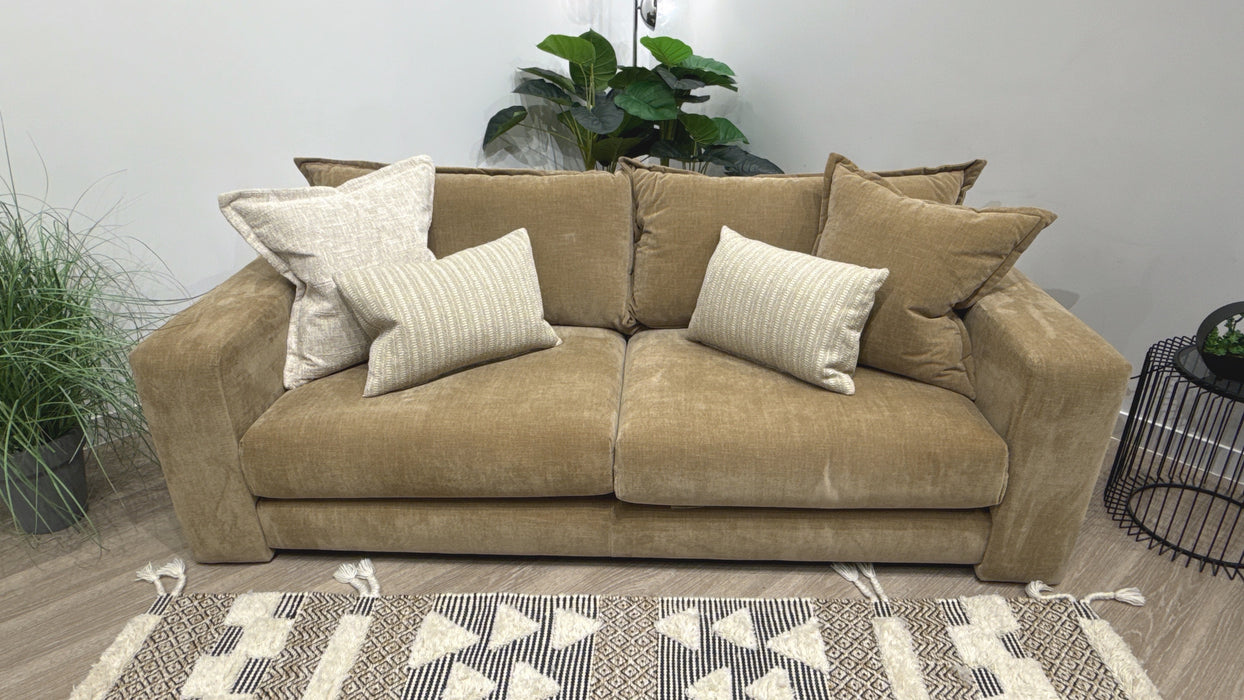 Sofology Cove Fabric 3 Seater Dark Wood Panel in Soft Chenille Caramel Mix
