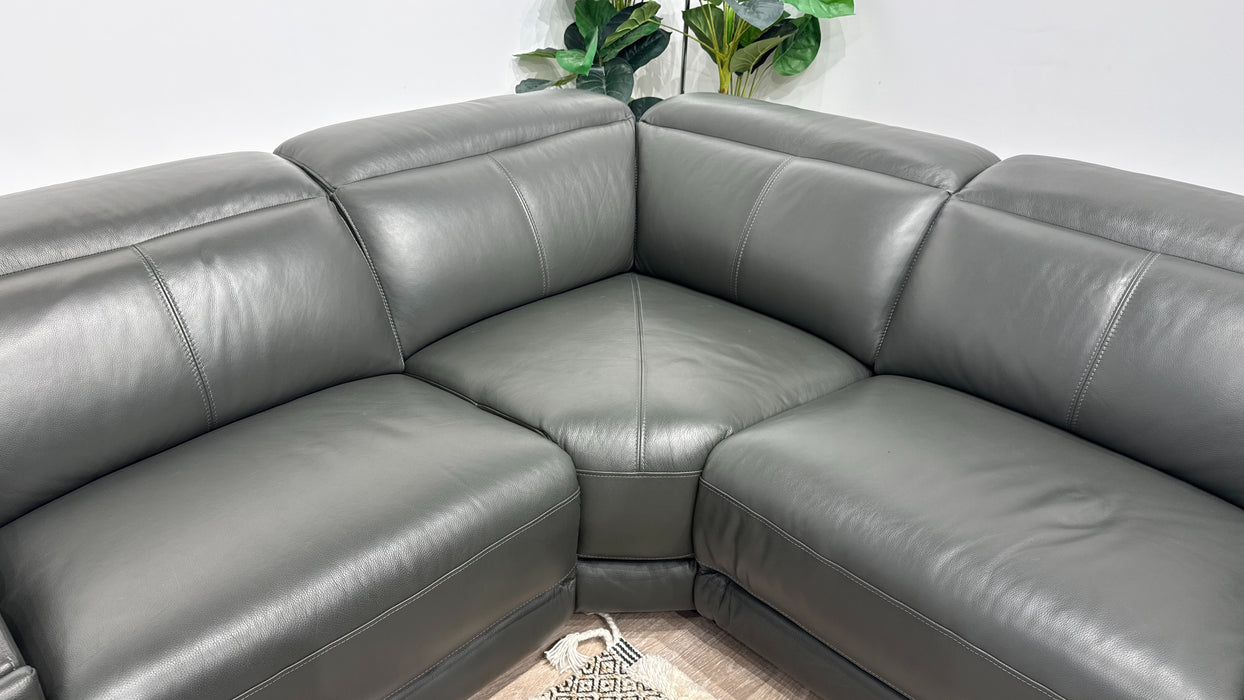 Sofology Portland Leather 3 Console Corner 3 Power Recliner/Headrest Heated Seats in Trusty Embossed Charcoal