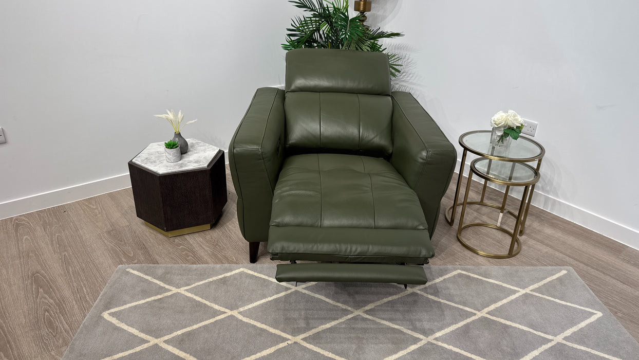 Sofology Jax Leather Chair Power Recliner/Headrest in Trusty Embossed Dark Olive