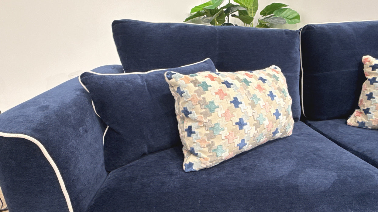 Sofology Remy Fabric 4 Seater in Soft Chenille Navy Mix With Natural Contrast Piping