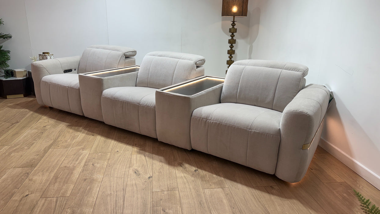 Sofology Lumiere Fabric 3 Seater Cinema Console Power Recliner/Headrest Gold Trim in Relaxed Chenille Cotton