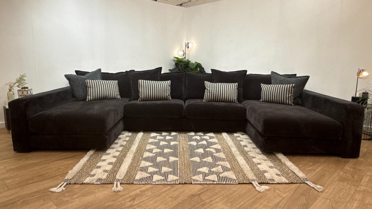 Sofology Cove Fabric Super Grande Double Chaise Black Wood Panel in Soft Chenille Anthracite Mix