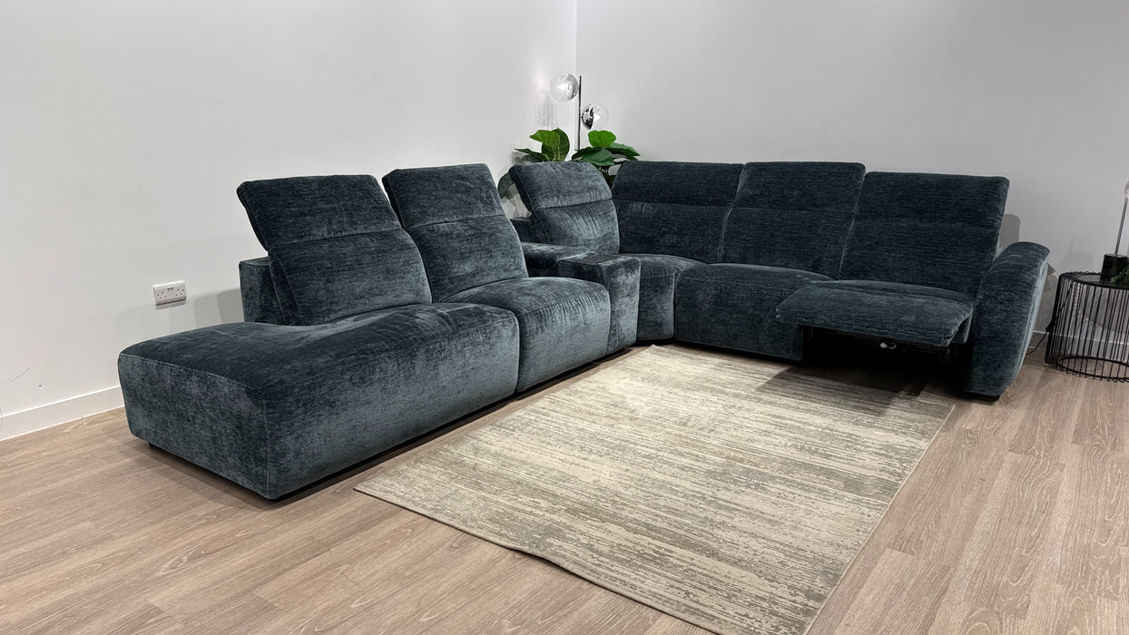 Sofology Drift Fabric Chaise 3 Console Corner 3 Power Recliner/Headrest in Luxury Textured Chenille Lagoon