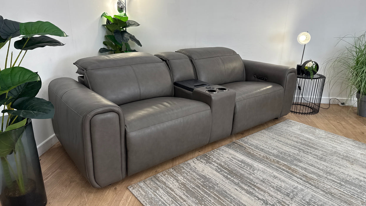 Sofology Premiere Leather 2.5 Seater Smart Console Power Recliner/Headrest Heated Seat in Trusty Embossed Grey