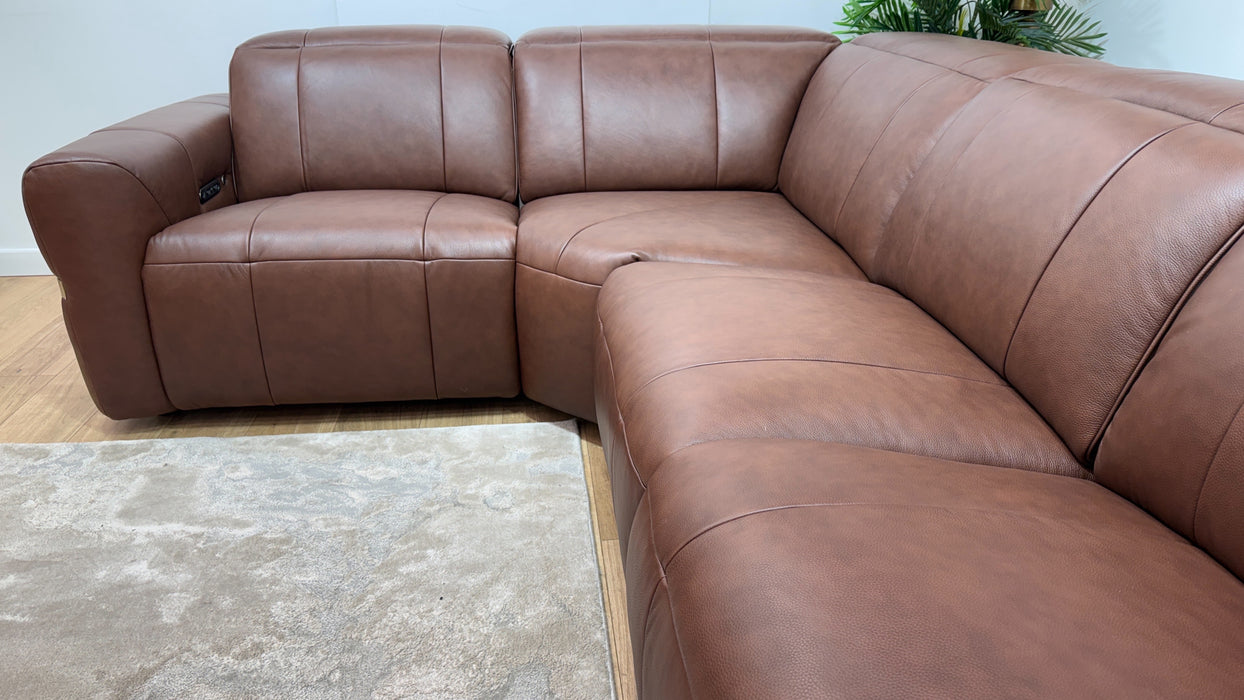 Sofology Lumiere Leather 1.5 Corner 3 Power Recliner/Headrest Gold Trim in Trusty Embossed Chestnut