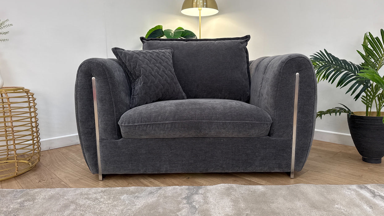 Sofology The Empress Fabric Loveseat Full Back Gun Metal Trim in Textured Chenille Charcoal