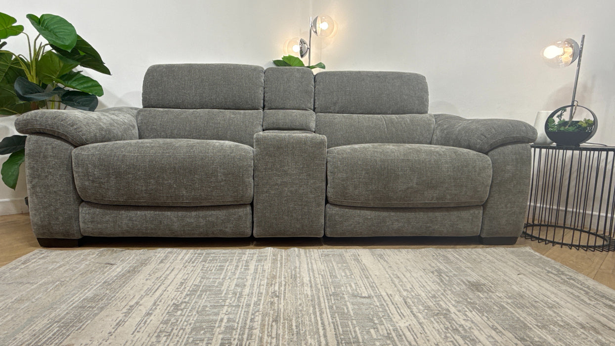 Sofology Elevate 2.5 Seater Screen Console Power Recliner/Headrest Heated Seats Lumbar Support Speakers in Chenille Grey Fab